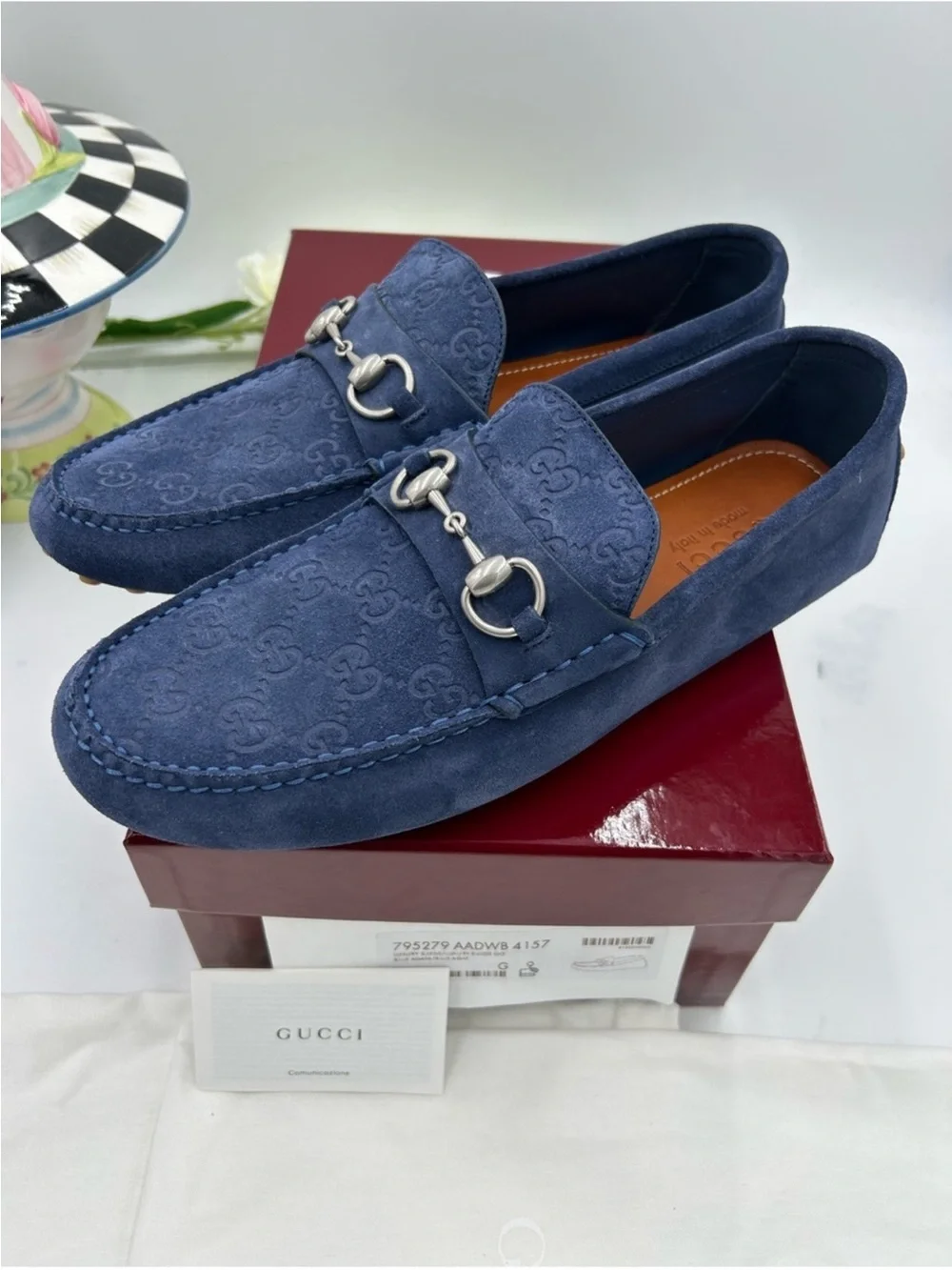 Men’s Gucci GG embossed blue suede driver loafer size 9 fits 10 US made in Italy